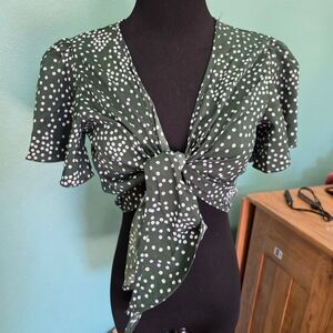 Shein womens S green polka dot cropped tie front top vintage y2k style
